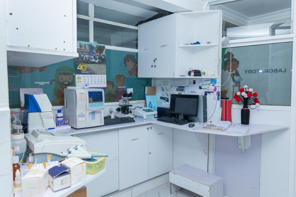 Laboratory analysers and microscope at the Josma Health laboratory
